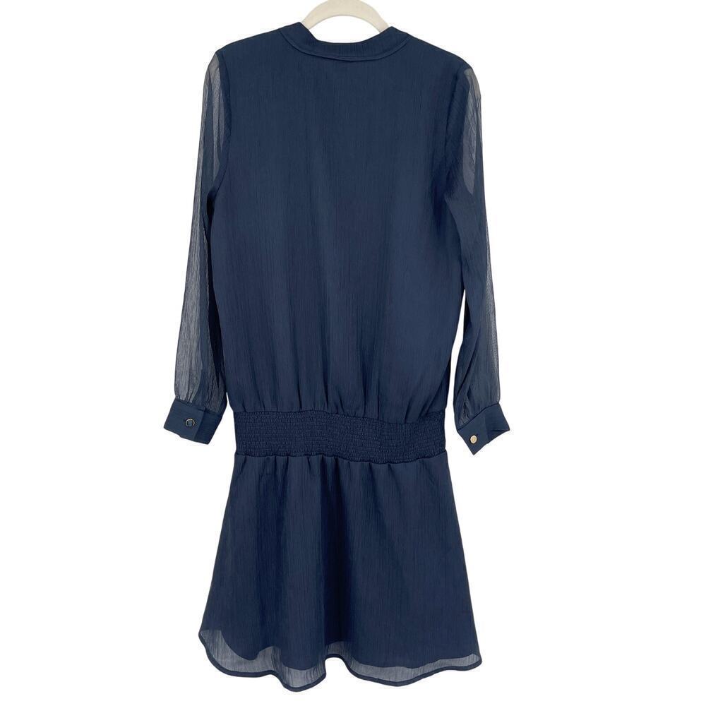 Marie Oliver Navy Blue Smocked Waist Dress With Tassels Long Sheer Sleeve Small - Picture 5 of 7